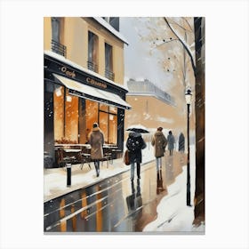 Paris cafes, winter season, Christmas, autumn oil colors, pale colors, pedestrians in the street, winter clothes, falling snow.Christmas decorations.8 1 Canvas Print