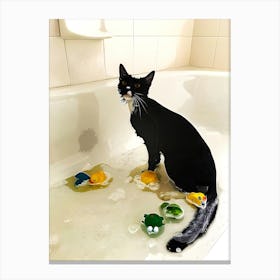 Cat Bathing In Bath Tub With Toys In It Canvas Print