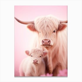 Highland Cow With Calf Pink Portrait Canvas Print