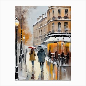 Paris cafes, winter season, Christmas, autumn oil colors, pale colors, pedestrians in the street, winter clothes, falling snow.Christmas decorations.13 1 Canvas Print