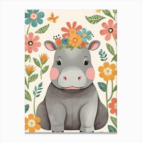 Floral Baby Hippo Nursery Illustration (21) Canvas Print