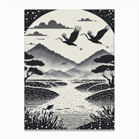 Cranes Flying Over A Misty Marshland Ukiyo-E Style Canvas Print