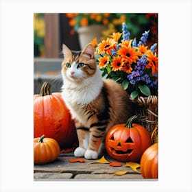 Cat With Pumpkins And Flowers 1 Canvas Print