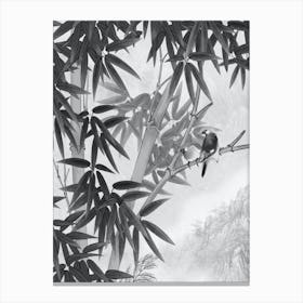 black and white art bamboo tree and bird 1 Canvas Print