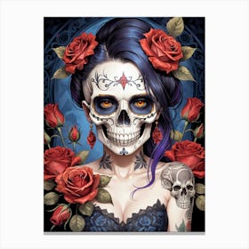 Sugar Skull Girl With Roses Painting (15) Canvas Print