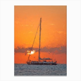 Boat In The Sea At Sunset Oil Painting Landscape Canvas Print