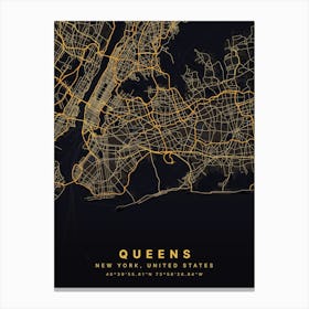 Queens Brooklyn New York Usa Black And Gold Map Canvas Print