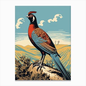 Vintage Bird Linocut Pheasant 3 Canvas Print