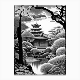 Ryoan Ji Garden, Japan Linocut Black And White Vintage Canvas Print