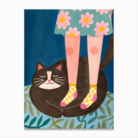 Woman Girl With Black Cat, flower dress Canvas Print