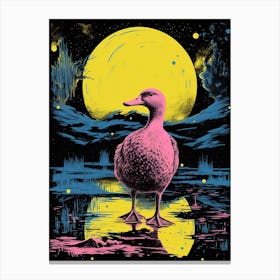 Pink Duck In The Moonlight Linocut Inspired Canvas Print