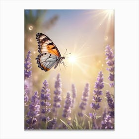 Butterfly Flying Over Lavender Flowers Canvas Print