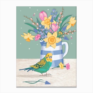 Budgie And Springflowers In A Cornishware Jug Canvas Print