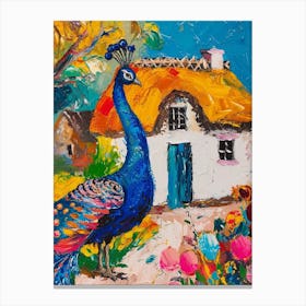 Peacock By A Thatched Cottage Textured Painting 2 Canvas Print