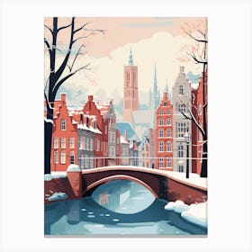 Vintage Winter Travel Illustration Bruges Belgium 7 Canvas Print