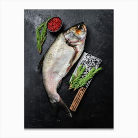 Silver carp, raw whole fish — Food kitchen poster/blackboard, photo art Canvas Print