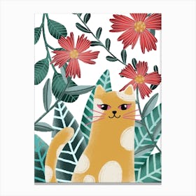 Wild Cat With Red flowers and lush leaves floral artwork Canvas Print