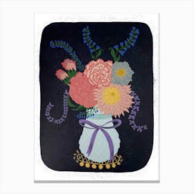 Posy of flowers in a vintage vase On A Dark Blue Backgrond Canvas Print