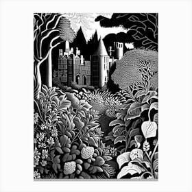 Powys Castle And Garden, United Kingdom Linocut Black And White Vintage Canvas Print