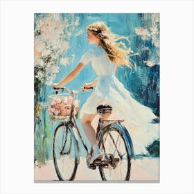 A Girl In A White Dress Rides A Bicycle 1 Canvas Print