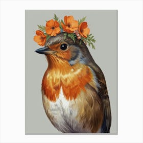 Robin With Flower Crown Style2 Watercolor Canvas Print