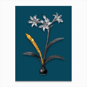 Vintage Amaryllis Black and White Gold Leaf Floral Art on Teal Blue Canvas Print