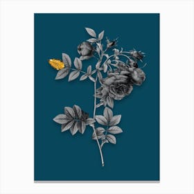 Vintage Turnip Roses Black and White Gold Leaf Floral Art on Teal Blue Canvas Print
