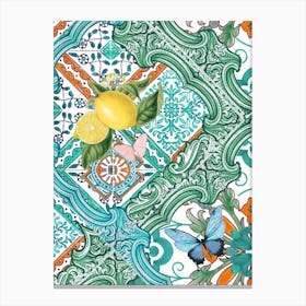 Sicilian azure tiles, lemons and flowers Canvas Print