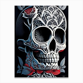 Skull With Tattoo Style Artwork Primary Colours Linocut Canvas Print