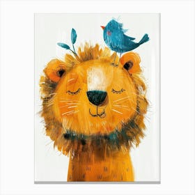 Small Joyful Lion With A Bird On Its Head 19 Canvas Print
