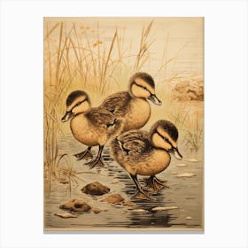 Ducklings In The Water Japanese Woodblock Style 6 Canvas Print