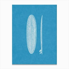 Vintage Surfboard Silhouette On Ocean Blue Linen Texture Canvas Print