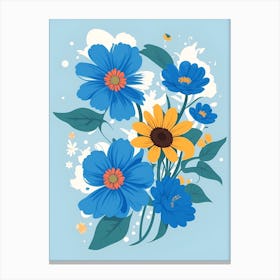 Beautiful Flowers Illustration Vertical Composition In Blue Tone Canvas Print