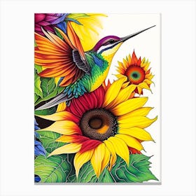 Hummingbird And Sunflower Marker Art Canvas Print