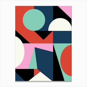 Mid Century Modern Geometric Shapes Abstraction in Mint Green Navy Blue Pink and Red Canvas Print