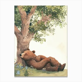 Brown Bear Laying Under A Tree Storybook Illustration 3 Canvas Print