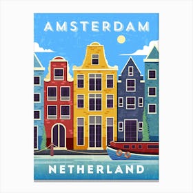 Amsterdam, Netherlands/Holland — Retro travel minimalist poster, retro travel art, retro travel wall art, vector art Canvas Print