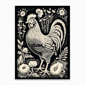 B&W Bird Linocut Chicken 1 Canvas Print