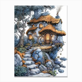 Fantasy Full Color Adult Coloring Book, Thick Lines, No Fine Detail, No Words, No Gray Scale, No Shading, White Background, Delicate Pattern Drawing Illustration Of Fantasy Small House With A Water Mill, In Canvas Print