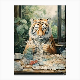 Tiger Illustration Solving Puzzles Watercolour 2 Canvas Print