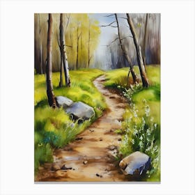 Path In The Woods.Canada's forests. Dirt path. Spring flowers. Forest trees. Artwork. Oil on canvas.19 Canvas Print