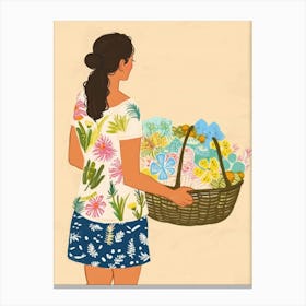 Woman With Basket Of Flowers Canvas Print