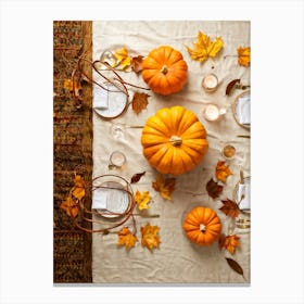 Autumn Themed Dinner Table Centerpiece Of Intertwined Golden Orange Pumpkin Vines Scattered Leaves (5) Canvas Print