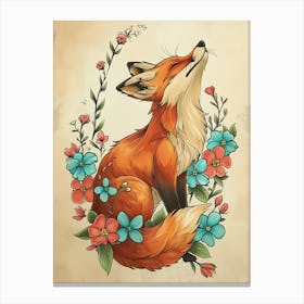 Amazing Red Fox With Flowers Canvas Print