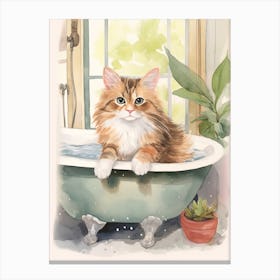 Kurilian Bobtail Cat In Bathtub Botanical Bathroom 1 Canvas Print