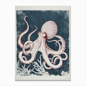 Linocut Inspired Navy Red Octopus With Coral 6 Canvas Print