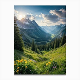 A Panoramic View Of A Dynamic Alpine Landscape Transitioning From Spring To Summer Featuring Idylli (1) Canvas Print