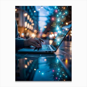 Person Using A Laptop On A Table At Night With City Lights In The Background Canvas Print