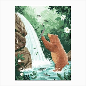 Sloth Bear Catching Fish In A Waterfall Storybook Illustration 4 Canvas Print