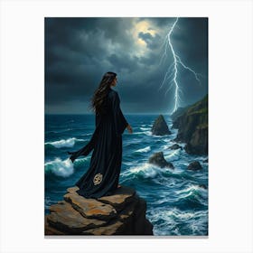 Women on Shore at Lightning Storm Canvas Print